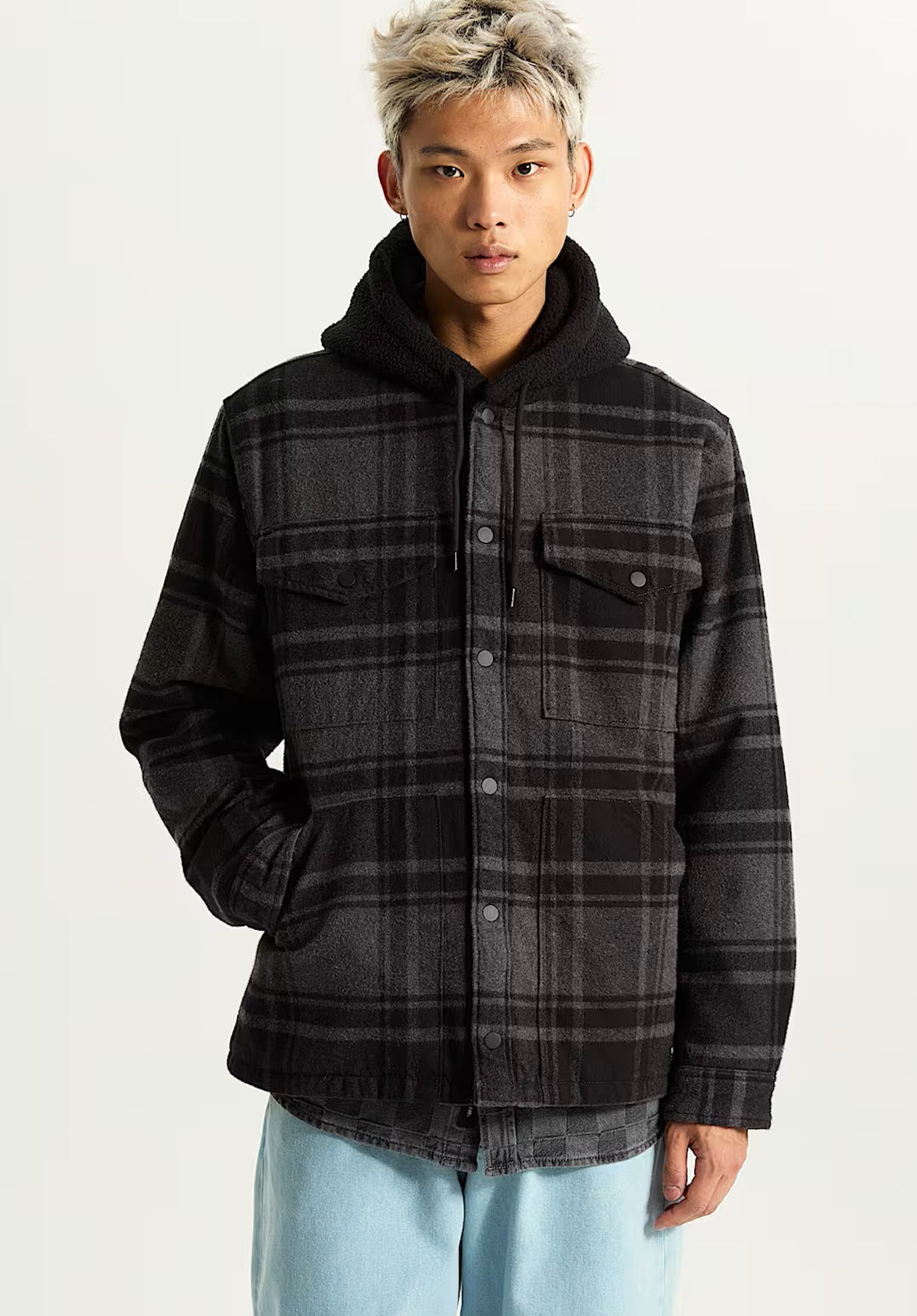 Piedmont Hooded Plaid Shacket black-asphaltheather Vorderansicht